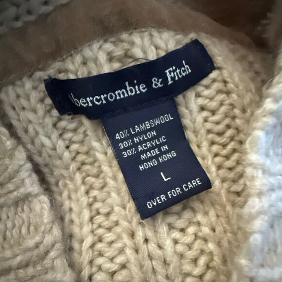 Vintage Y2K Abercrombie & Fitch Lambswool Knit Hoodie Sweater | Beige Ribbed Pul - Picture 14 of 15